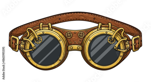 Vintage steampunk goggles with brass frames intricate mechanical gears and a brown leather strap.