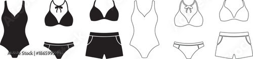 Collection of Black Silhouette and Outline Vector Swimwear, Bikini, and Swim Shorts isolated PNG with Transparent Background