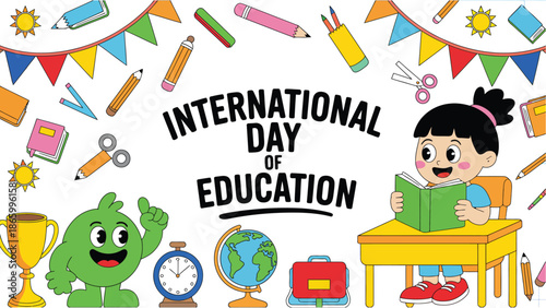  International Day Of Education Cartoon Illustration With Happy Student, School Supplies And Learning Symbols For Global Education Awareness And Academic Celebration Design