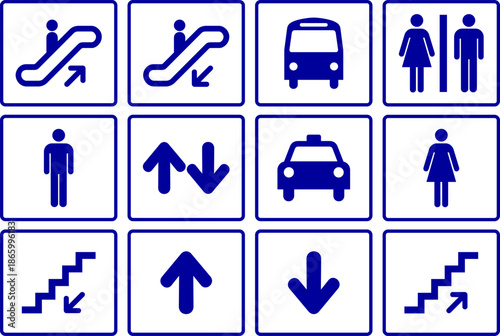 Public Wayfinding and Facility Icons Restroom, Stairs, Escalator, Taxi, Bus and Directional Arrows for Signage and Architectural Plans