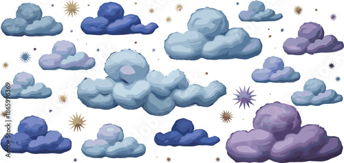 Dreamy wool cloud illustration with pastel colors, floating stars creating whimsical night sky background for nursery art design