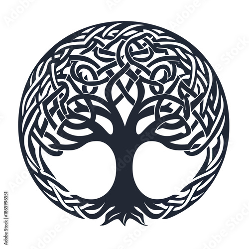 Intricate Celtic tree of life knotwork circle design black silhouette with woven branches roots and ornamental ornamental pattern vector illustration