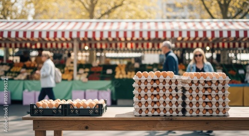 Fresh Eggs Stacked for Sale at a Bustling Outdoor Farmer's Market Stall
