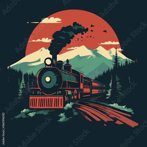 Vintage steam locomotive train traveling through pine forest with mountain sunset background flat vector illustration for outdoor adventure design
