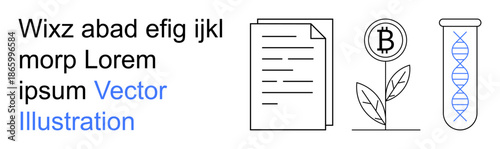 Blockchain, renewable energy, genetics, cryptocurrency, biotechnology, scientific research. Minimalistic icons showing a document, plant with Bitcoin sign and a DNA strand in a tube. Blockchain