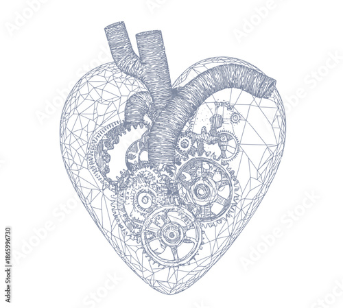 Abstract geometric polygonal human heart with visible mechanical gears and cogs inside digital wireframe illustration representing bioengineering, technology, and medical innovation concept