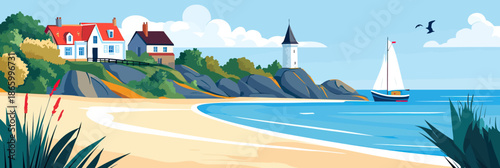 Coastal beach landscape with lighthouse, sailboat, rocky shoreline, green vegetation, and seaside cottages under blue sky with clouds and flying birds in flat minimalist vector style