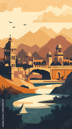 Vector illustration of peaceful historic Indian palace with domes and arches by river with small sailboat and mountainous landscape at sunset in warm tones
