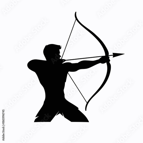 Silhouette of male archer aiming bow and arrow in dynamic pose flat minimalist vector design with emphasis on strength precision and focus in black and white