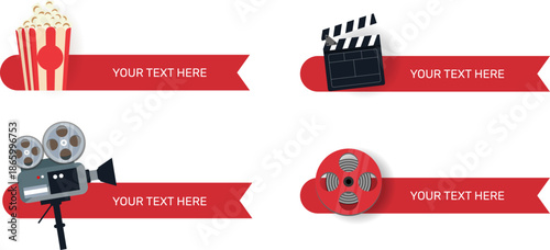 Cinema Title Banner Set Red Ribbon with Popcorn, Clapperboard, Camera and Film Reel Icons for Movie Promo and Social Media Graphics
