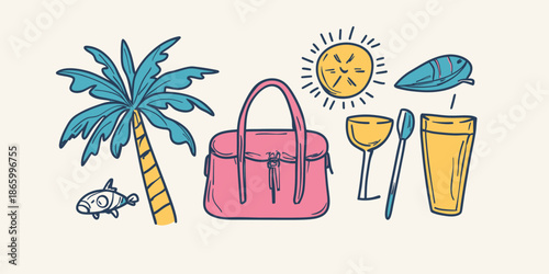 Hand drawn summer vacation icons set with palm tree, fish, bag, sun, spoon, cocktail glass, and juice glass in flat minimalist vector style for travel and leisure design