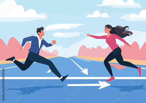 Businessman and businesswoman running race on arrow track competing in performance contest for success and achievement concept in flat vector style
