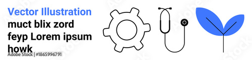 Industry, healthcare, environmental sustainability, technology, innovation, conceptual art. Black gear, stethoscope blue leaf. Industry and healthcare concepts for modern innovation