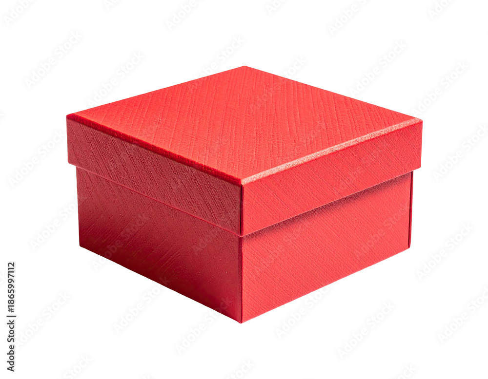 Fototapeta premium A vibrant, textured red square box with lid, isolated on a stark black background