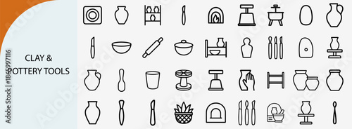 clay and pottery tools outline icons, handmade ceramic studio vector