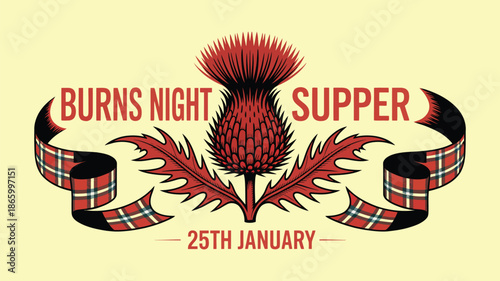  Burns Night Supper Celebration Banner With Scottish Thistle, Tartan Ribbon And Traditional Scotland Heritage Design For 25th January Event Promotion