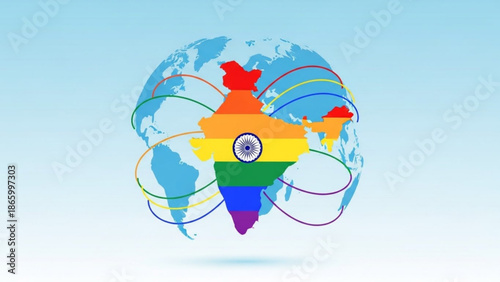 Vibrant illustration of india map on a globe with colorful lines symbolizing global connections and diversity with culture and symbolic and graphic design