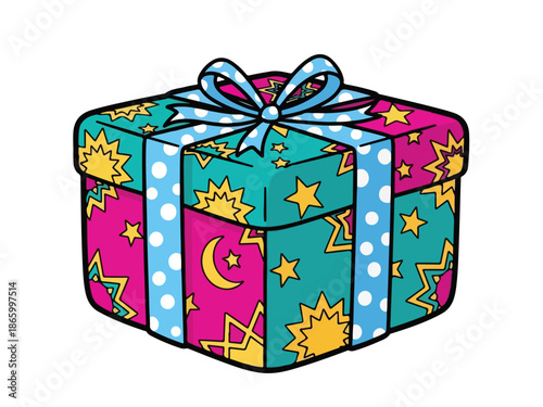 Colorful Eid Gift Box Illustration with Crescent and Star Patterns, Cute Islamic Festival Present Design for Eid Celebration and Greetings
