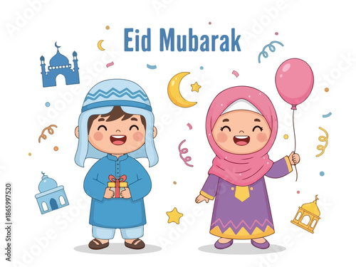 Cute Eid Mubarak Cartoon Kids Illustration with Islamic Symbols, Happy Muslim Boy and Girl Celebration Design for Eid Greeting Cards