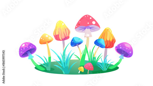 Colorful mushrooms in a whimsical forest