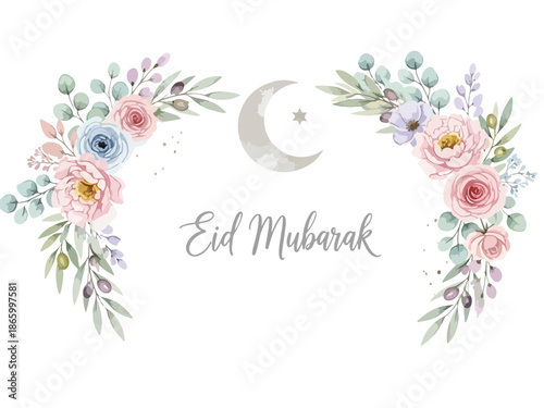 Elegant Eid Mubarak Floral Wreath Vector with Crescent Moon, Pastel Watercolor Flowers, Islamic Festive Greeting Design Illustration