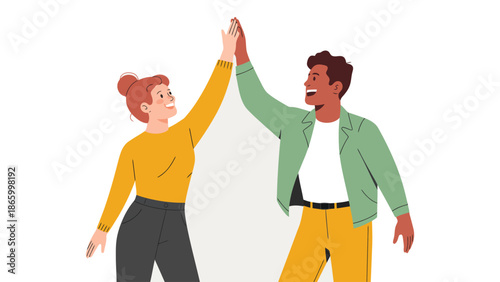  Cartoon illustration of two people giving high five in celebration, symbolizing teamwork, success, and positive encouragement