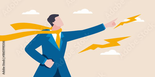 A confident businessman projects energy and power with a dynamic gesture