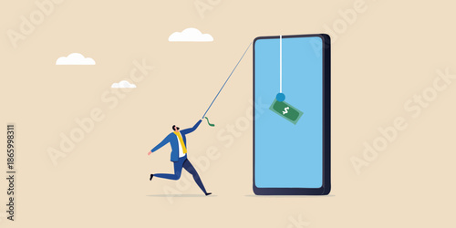 Man attempting to reach money dangling from a smartphone screen