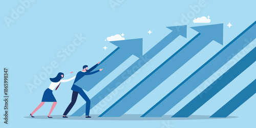 Business team collaboratively pushing upwards on a series of ascending blue arrows