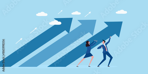 Business professionals climbing a series of upward pointing blue arrows towards success