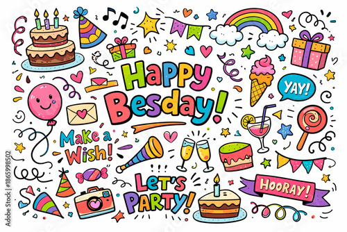 Colorful birthday party doodle: cake, balloons, and celebration icons