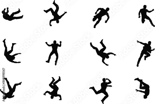 Collection of black vector silhouettes featuring people in sport and dance poses including jumping ballet dancers and gymnastics figures
