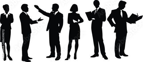 Vector illustration set of black business people silhouettes including a professional team of men and women standing in a group for an office meeting