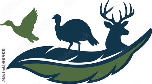 Illustration of a blue and green deer turkey waterfowl