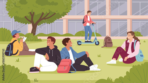  Group of diverse college students relaxing outdoors on campus lawn with backpacks, scooter, and devices in front of modern university building
