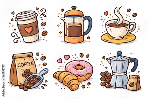 Hand-drawn coffee items: cups, french press, moka pot, beans, donut, croissant