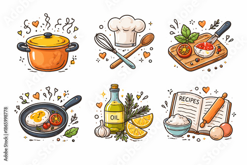 Colorful cooking elements: pot, chef hat, cutting board, fried egg, oil, recipe book