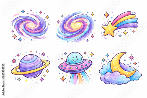 Colorful cosmic elements: whimsical galaxies, stars, planets, ufo, moon, clouds