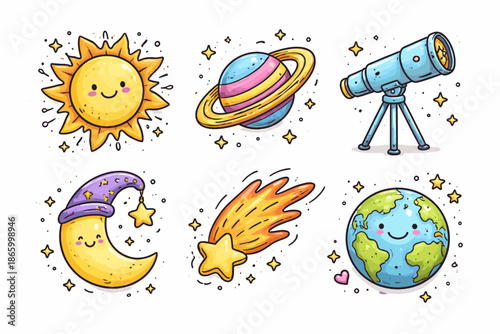 Playful celestial icons with sun, planet, telescope, moon, comet, and earth