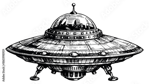 Hand drawn line art illustration of a vintage UFO depicting a futuristic flying saucer for science fiction concepts