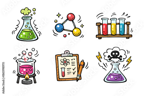 Colorful science experiments with beakers and chemical reactions