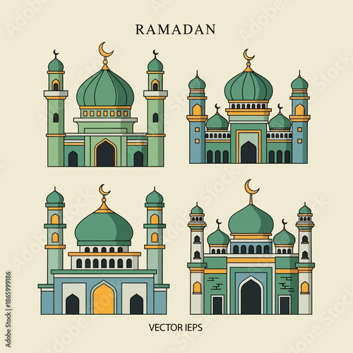 Collection of distinct mosque illustrations showcasing Islamic architecture and cultural significance for religious observance and heritage design concepts