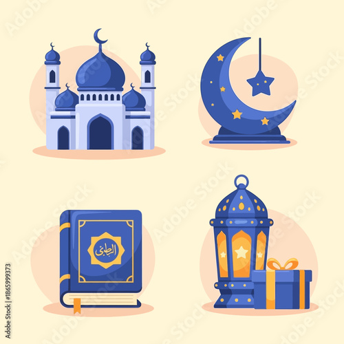 Ramadan Kareem symbols like mosque, crescent moon, Quran, and lantern with gift box