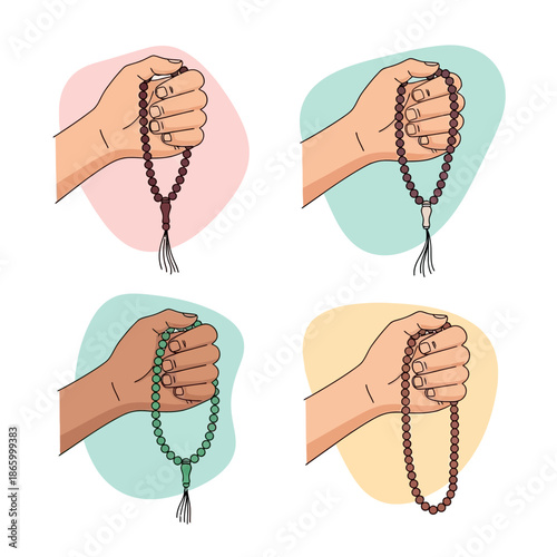 Illustrations of diverse hands holding prayer beads, symbolizing universal faith, spiritual devotion, and the practice of contemplation across various cultures