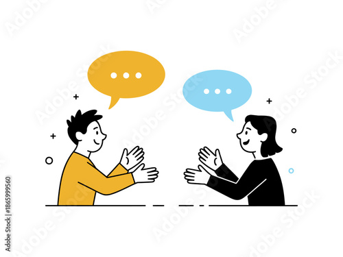 Two people having a conversation with speech bubbles above their heads