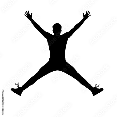 Silhouette of a Man Jumping with Arms and Legs Extended.