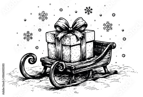 Hand drawn line art illustration of a gift box being delivered on a sleigh depicting a classic winter holiday scene with falling snowflakes for Christmas and New Year's festivities