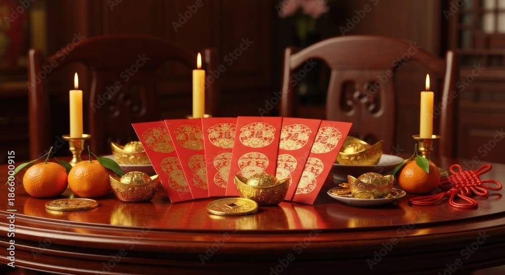 Fototapeta premium Festive table with red envelopes, golden ingots, candles, and fruit, ready for celebration