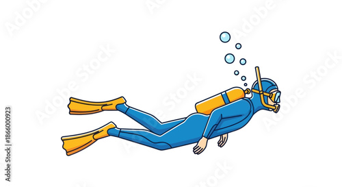 Cartoon Scuba Diver in Blue Wetsuit with Yellow Fins and Oxygen Tank.