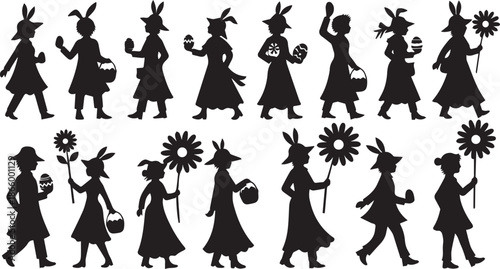 Whimsical rabbit silhouettes with flowers